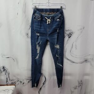 SHEIN Size Petite S Blue Drawstring Distressed Skinny Jeans